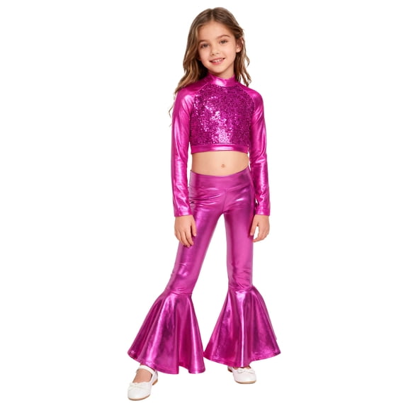 TSSOE Girls Metallic Disco Theme Party Prom Outfits Long Sleeve Crop Top with Bell-Bottom Pants Jazz Performance Dancewear Hot Pink 16