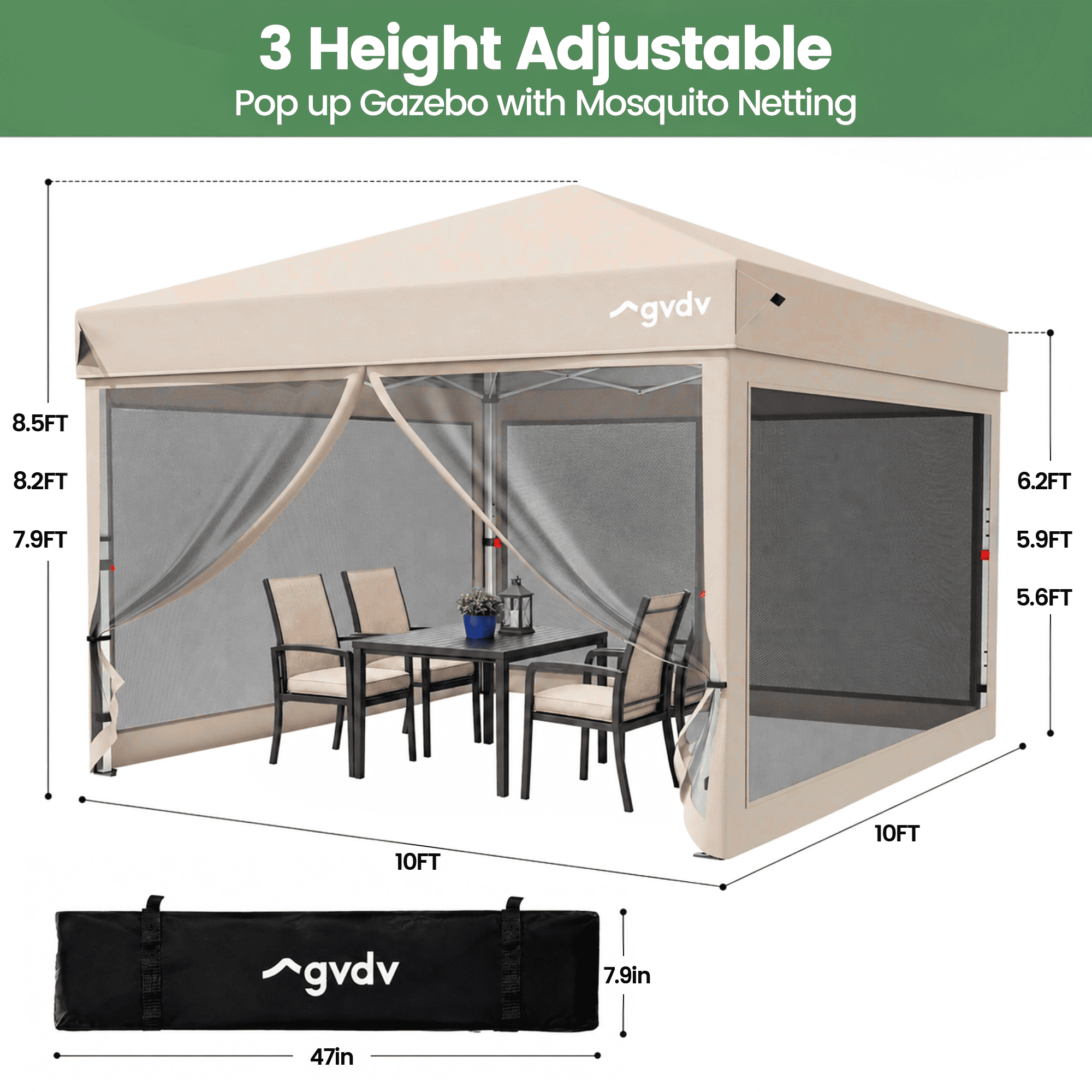 GVDV 10'x10' Pop-Up Canopy Tent, Adjustable Height, Mesh Netting