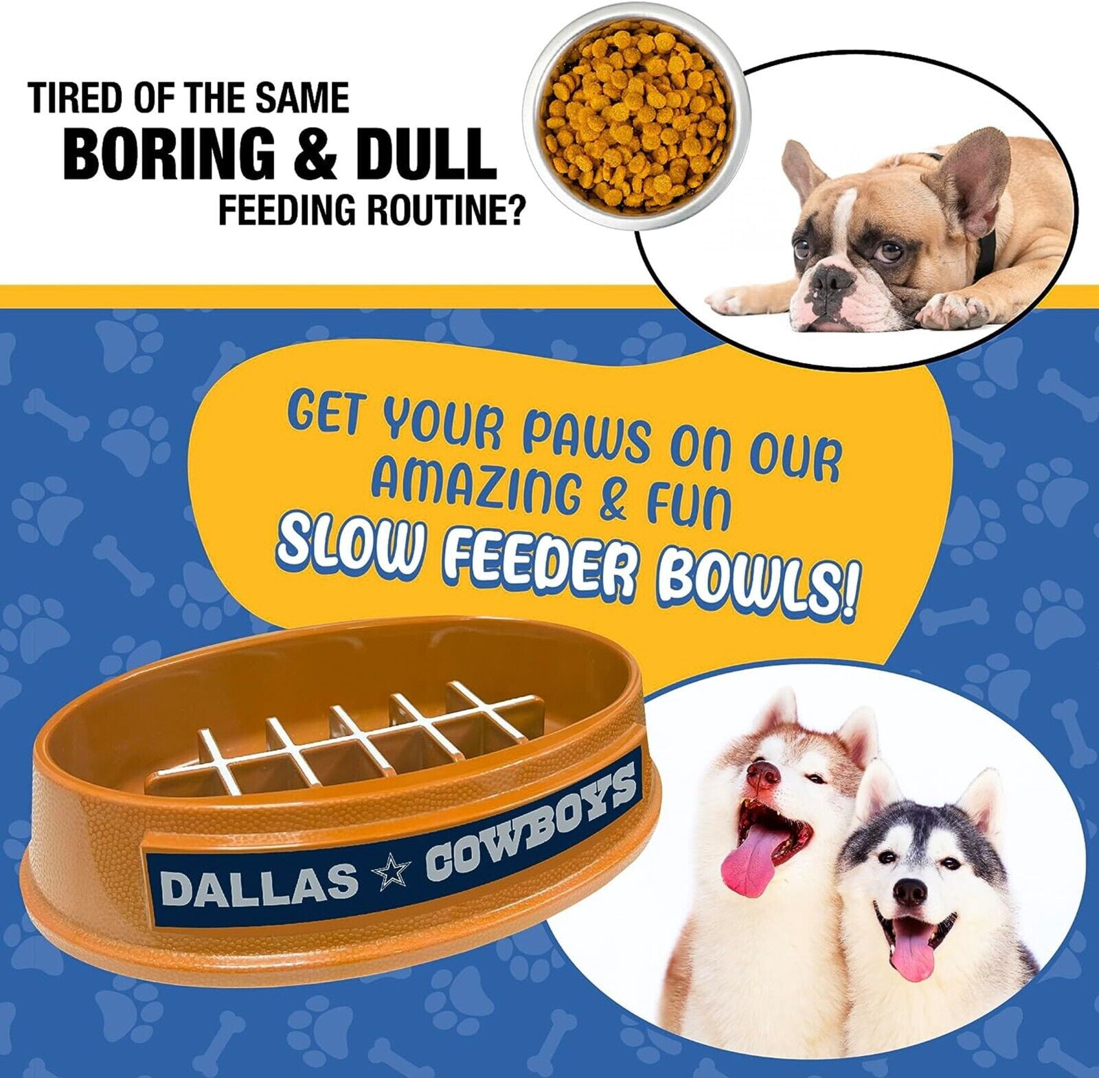 Pets First NFL Dallas Cowboys Super-Bowl Slow Feeder Bowl for Dogs and Cats, Football Design for Healthy Digestion, Non-Slip, for Large & Small Pet
