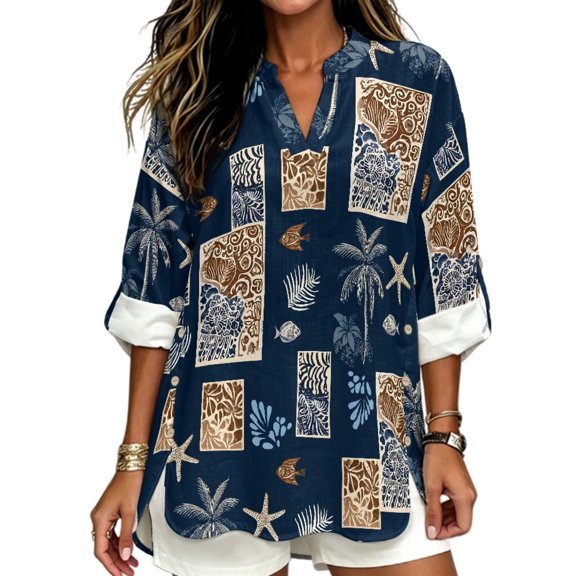FKELYI Faux Linen Shirts for Women Summer Blouse Art Boho Palm Tree Fish Print V-Neck 3/4 Sleeve Casual Top Soft Loose Fit Business Casual Outfits for Ladies, 5XL