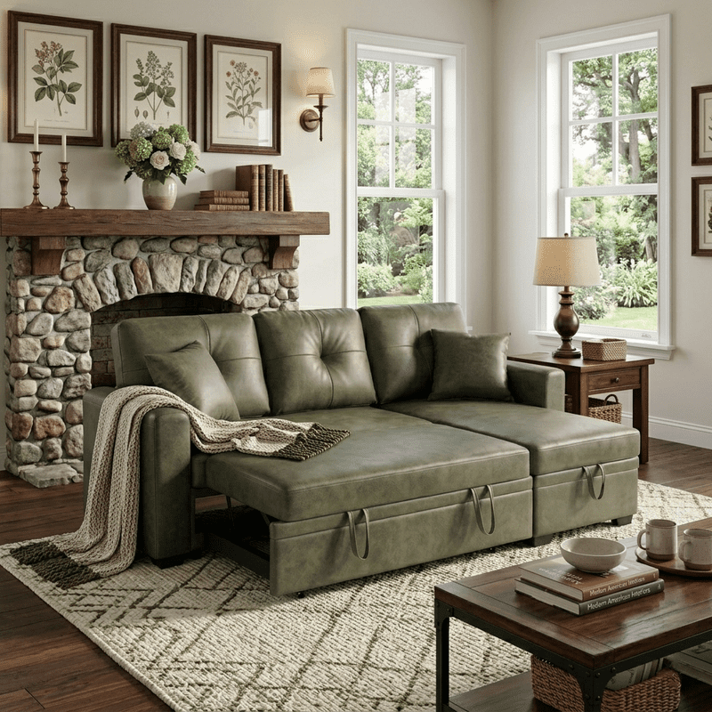 Sleeper Sofa Sectional with Pull-Out Bed – Reversible Chaise + Hidden Storage, Breathable Fabric, L-Shaped Couch for Small Spaces, Convertible Sofa Bed for Living Room