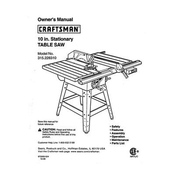 Instruction Manual ONLY for Craftsman 315.228310 Table Saw Owners Instruction Manual REPRINT