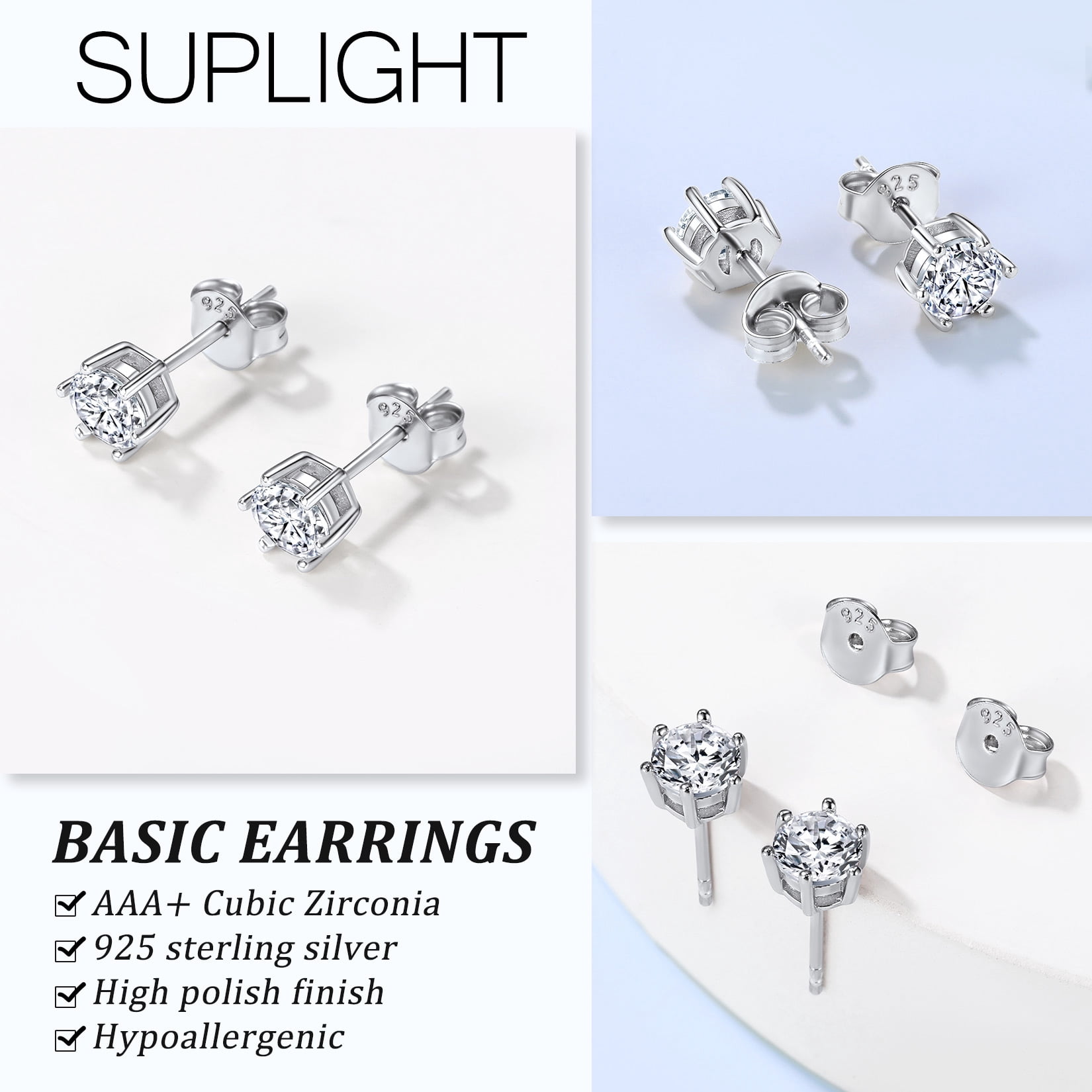 Suplight 925 Sterling Silver/Rose Gold Plated Simulated Diamond Black Cubic Zirconia Stud Earrings for Women Men