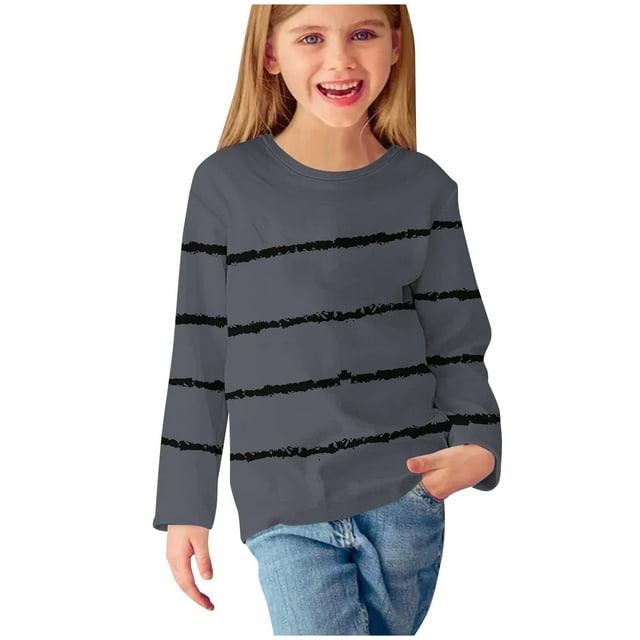Girls Long Sleeve T Shirts Kids Striped Patchwork Crewneck Fall Winter Tunic Tops Basic Tees 5-14 Years