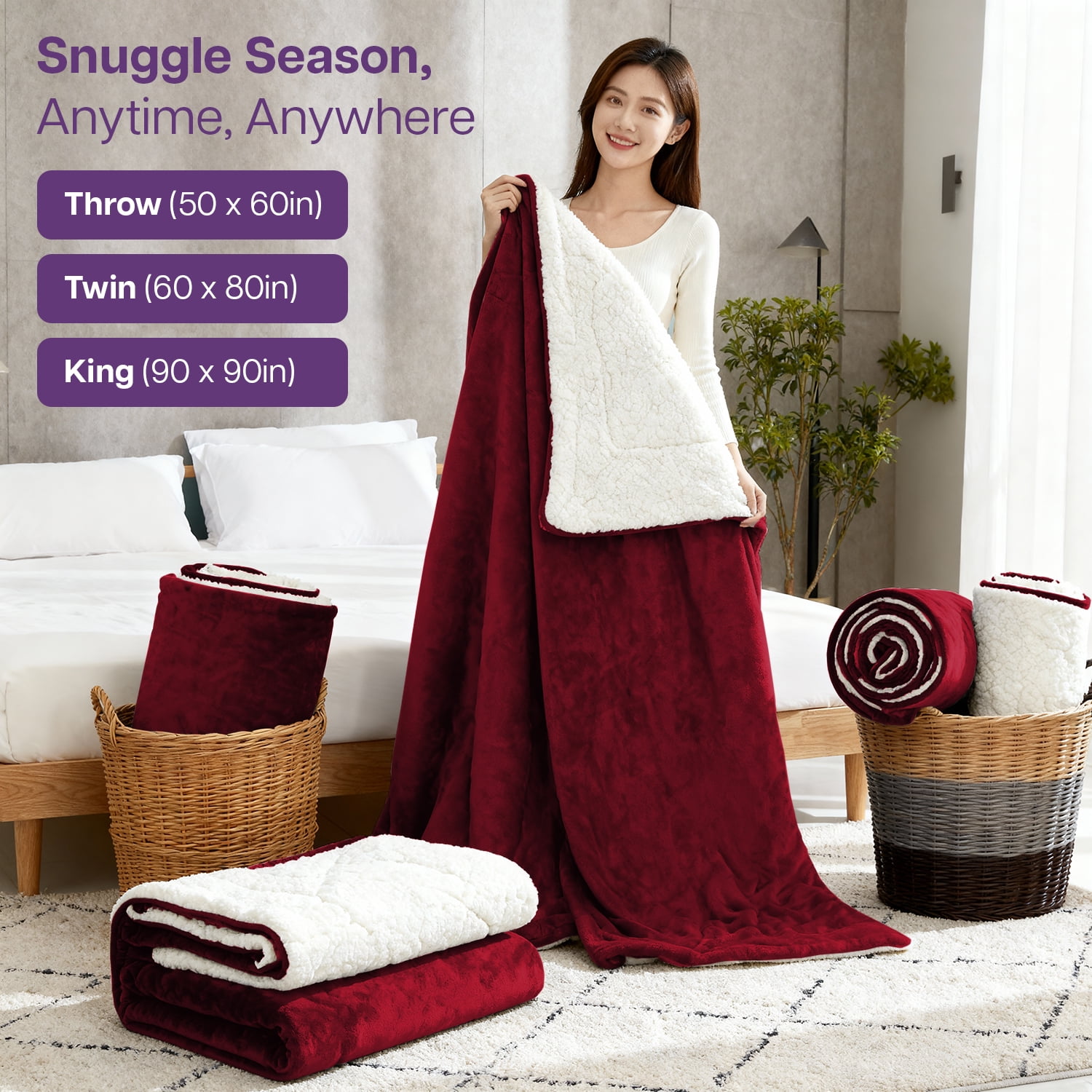 IR Imperial Rooms Wholesale Sherpa Fleece Blankets 12-Packs Warm & Soft Plush Washable Lightweight Cozy for Charity & Gift Burgundy Twin Size