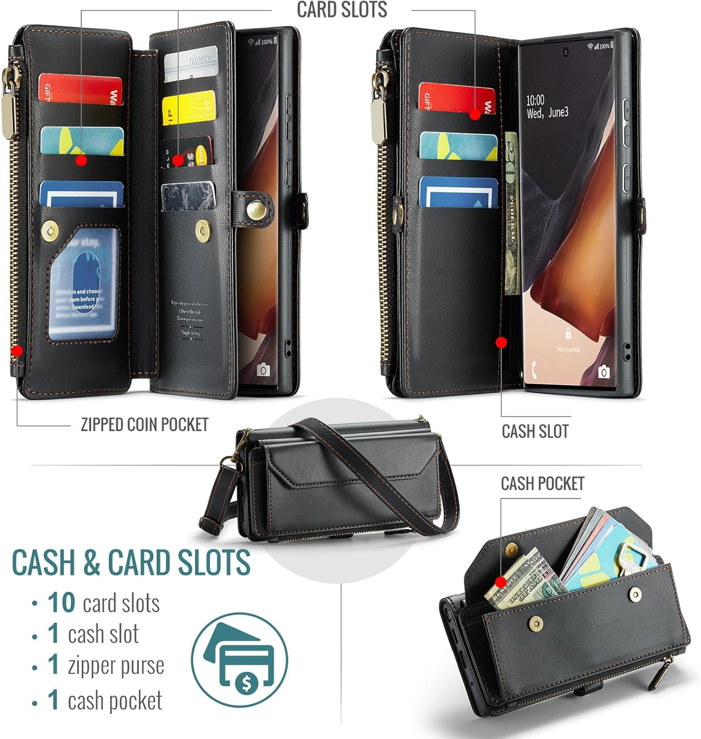 Phone Case for Samsung Galaxy Note 20 Ultra 5G Zipper Wallet Cover with Screen Protector and Flip RFID Blocking Card Holder Cell Note20 Plus Notes 20Ultra Note20+ U + 20+ Twenty Not S20 Women Black