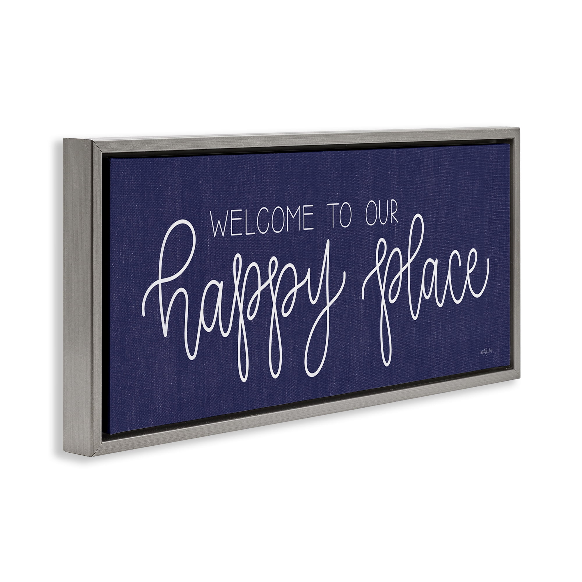 Stupell Industries Welcome Happy Place Typography Painting Gray Floater Framed Art Print Wall Art, 31 x 14