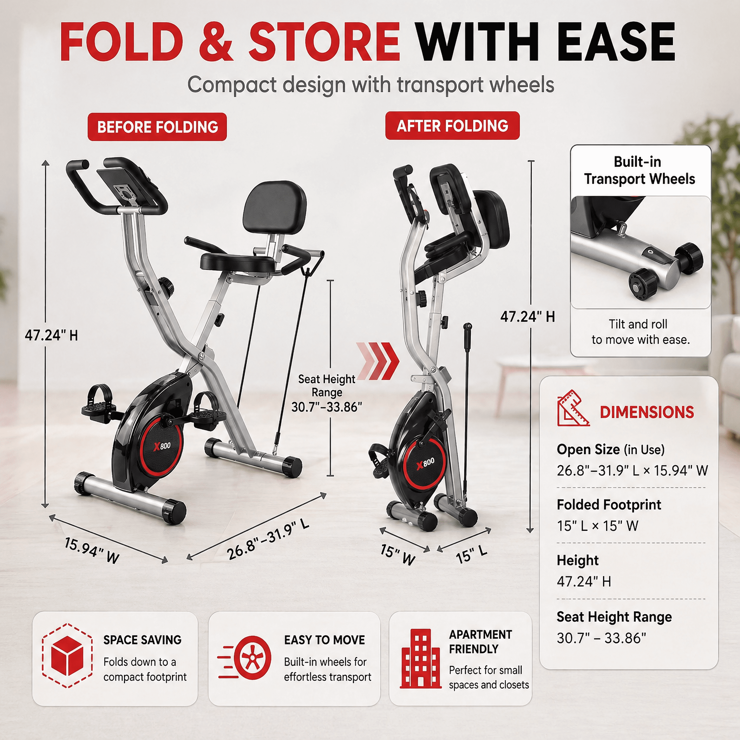 USLIM 5‑in‑1 Foldable Exercise Bike for Home, 16‑Level Magnetic Resistance Stationary Bike with Arm Bands, Backrest, LCD Monitor, 300 lb Capacity