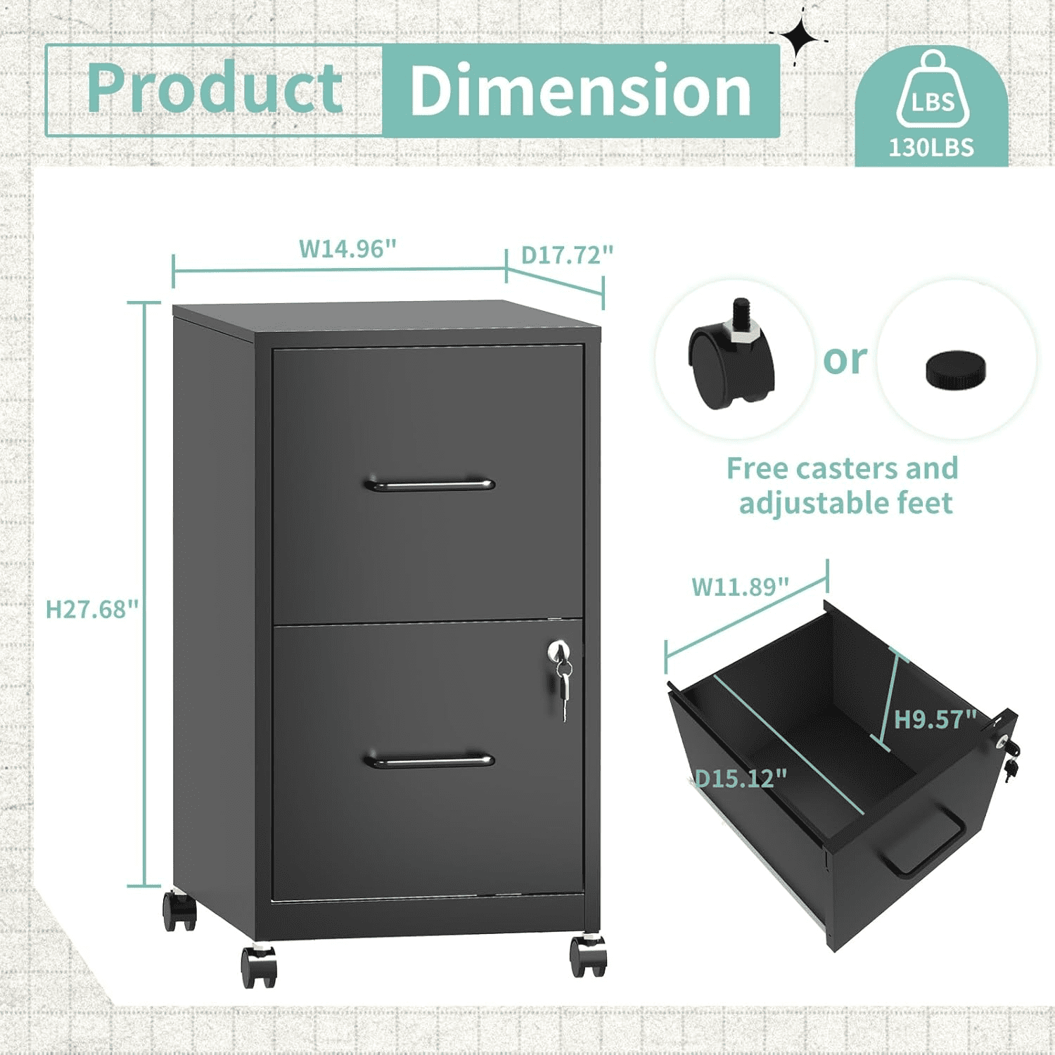 IKIMI 2-Drawer Vertical File Cabinets with Lock, Portable Rolling Metal Filing Cabinet for Legal/Letter/A4 Files, Black