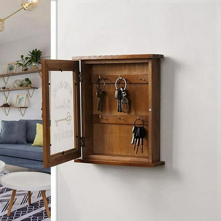 Wooden Key Box, Retro, Wall, Key Cabinet with Magnetic Door,  Solid Wood Storage with 6 Hooks-A