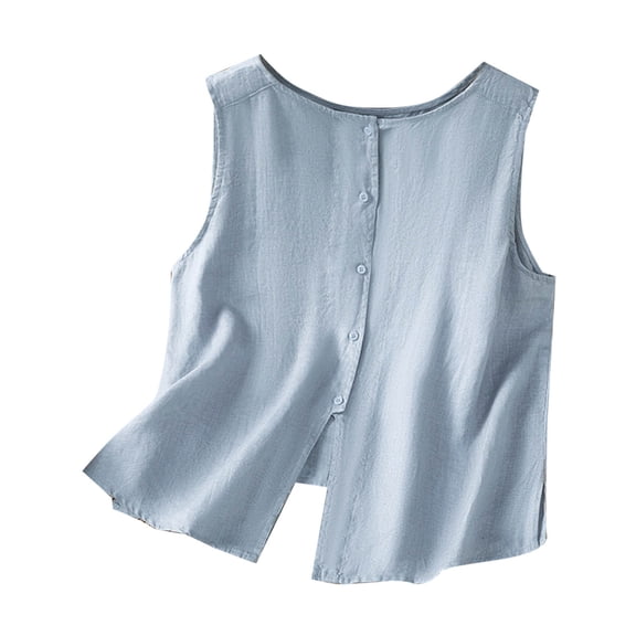 Ltctricy Tank Tops for Women Trendy Cotton Linen Crew Neck Sleeveless Button down Shirts Summer Casual Loose Blouses