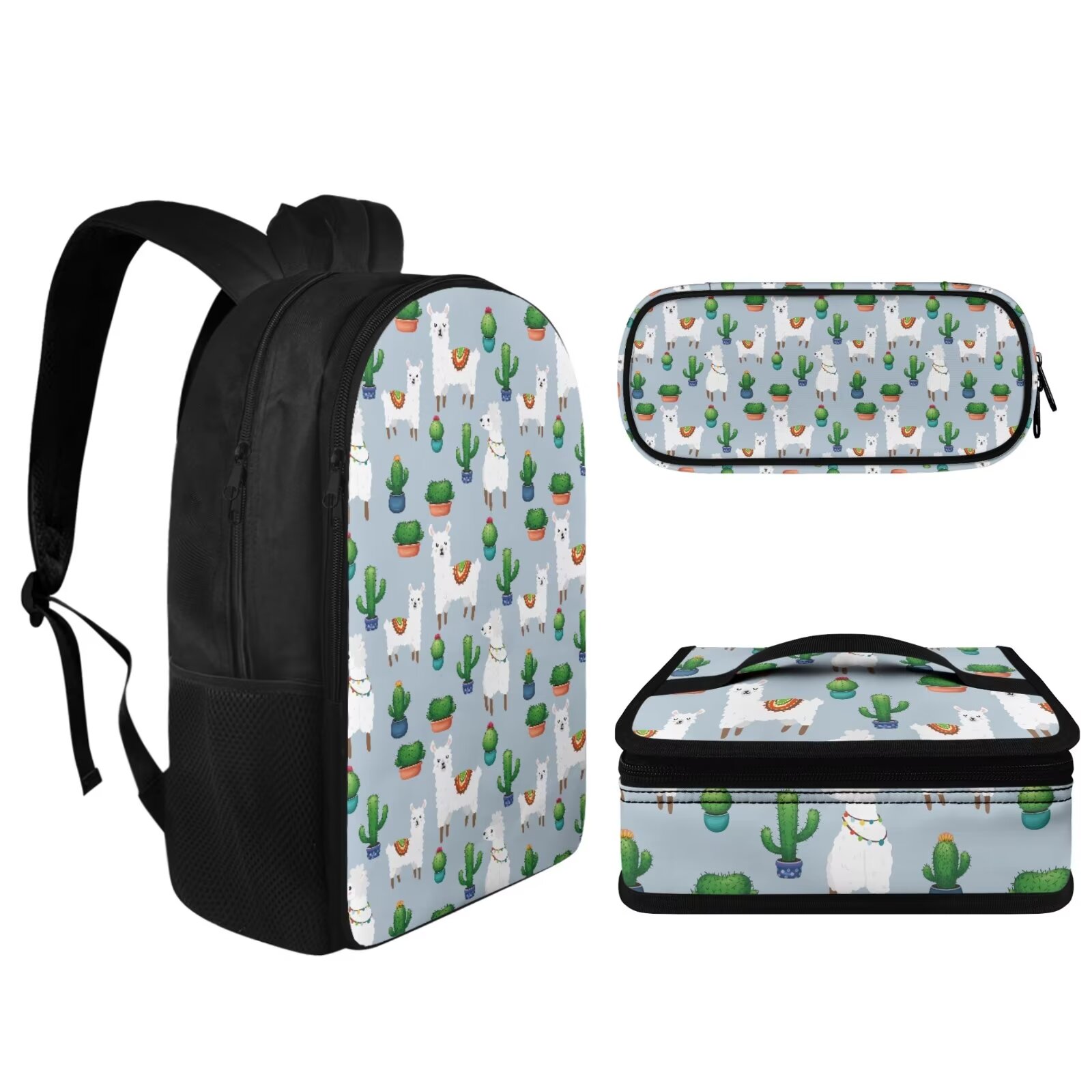 KUIFORTI Cactus Alpaca Backpack Messenger Bag Crossbody Lunch Case Lunch Bag Pencil Bag with Pocket, Set of 3
