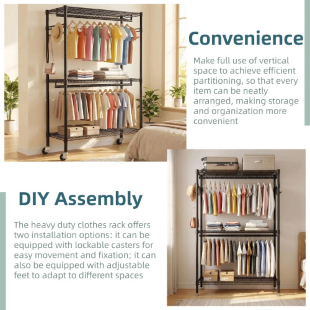 Rolling Clothes Rack, Heavy Duty Garment Rack with Wheels, 3-Tier Adjustable Wire Shelving, 2 Clothes Rods & Side Hooks, Freestanding Metal Clothing Rack, Black