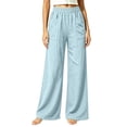 thumbnail image 2 of Women's Soft Cotton Loose Straight Leg Pants with Elastic Waist, Casual Wide Leg Trousers with Side Pockets, Tummy Control, Summer Breathable, Work Lounge | TruHer,Light Blue XL, 2 of 8