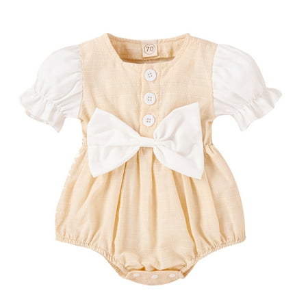 

Infant Girls Bodysuit Bow Tie Printed Short Sleeve Ruffle Trim Outdoor Sports Play Wear Soft Jumpsuits