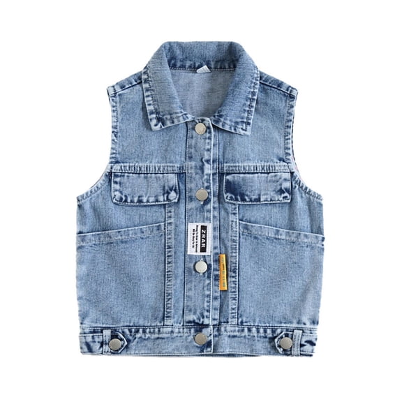 Kids' Retro Denim Vest Sleeveless Collared Button Down Washed Jacket Fashionable Casual Vest for Back-to-School & Outings (2-12 Years)