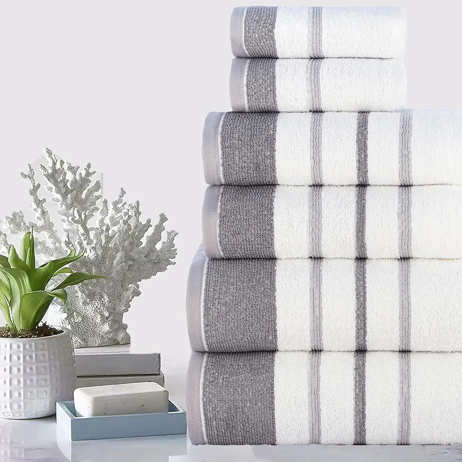 Casa Copenhagen White Bay, 6 Pieces Towel Set- White with Dark Grey Light Grey Border, 600 GSM, 2Bath, 2Hands, 2Washcloths Egyptian Cotton Towel for Hotel Spa Kitchen Bathroom Kitchen & Shower