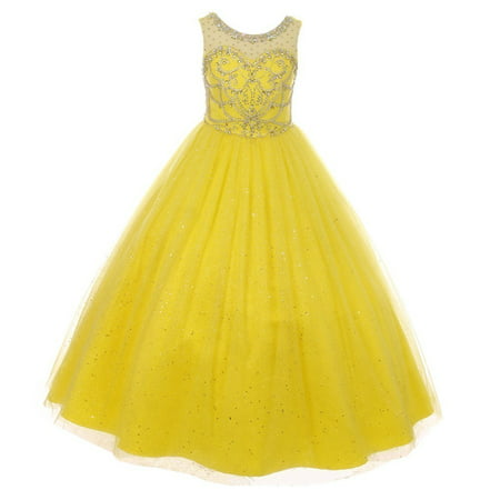 Girls Yellow Crystal Beading Glitter Tulle Floor Length Pageant Dress