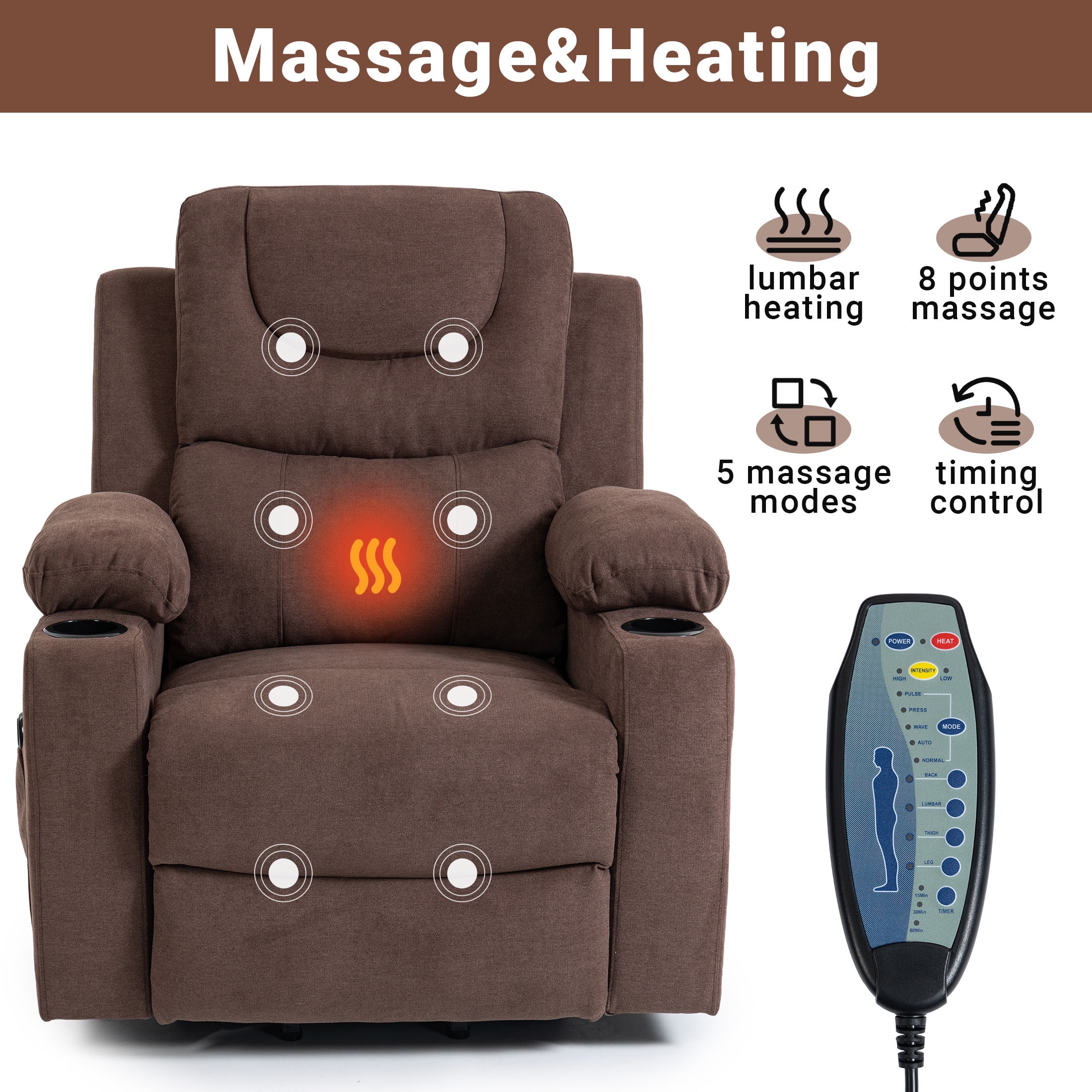 HSUNNS Power Lift Recliner Chair for Elderly, Electric Lift Chair with Heat & Massage, Infinite Position Reclining Sofa with Side Pocket for Living Room, Brown