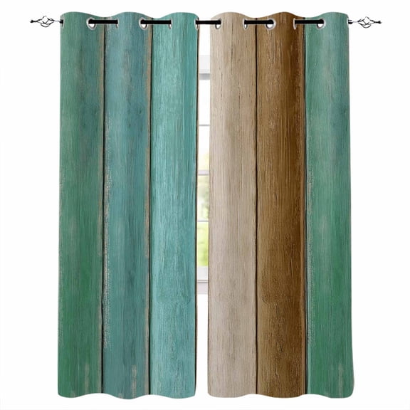 Fsddascl Teal Green Brown Blackout Curtains for Bedroom/Living Room, Thermal Insulated Kitchen Curtains, Vintage Farmhouse Art Wooden Retro Grommet Darkening Window Treatment Drapes 52"x63"x2