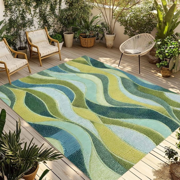 Teal Green Ombre Outdoor Rug for Patio/Deck/Porch, Non-Slip Large Area Rug 3 x 5 Ft, Modern Abstract Moire Wave Striped Indoor Outdoor Rugs Washable Area Rugs, Reversible Camping Rug Carpet Runner