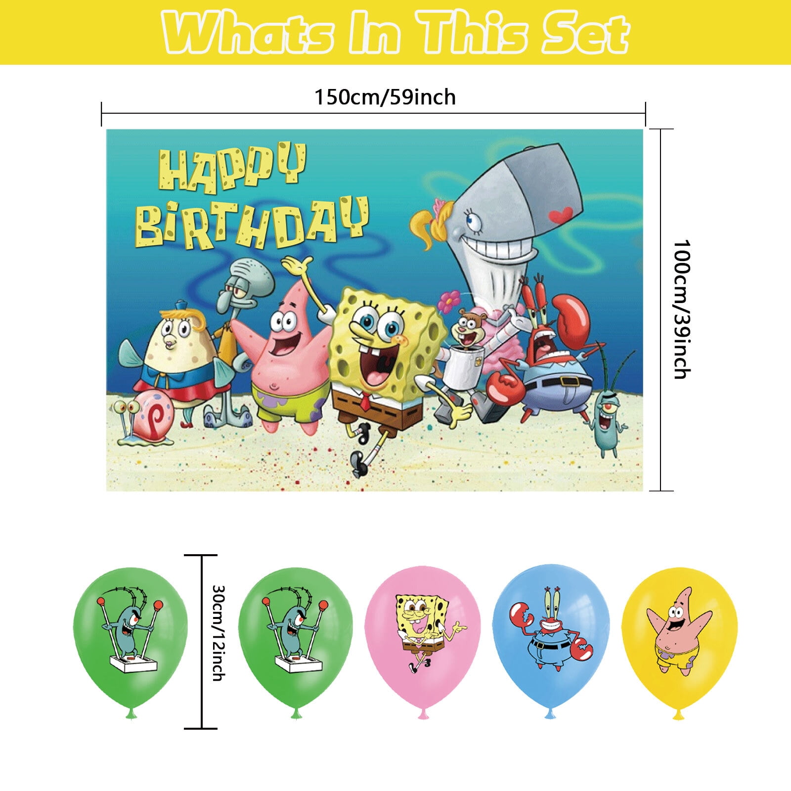 34 PCS For Spongebob Cartoon Theme Party Decorations Set,With 5*3ft Birthday Backdrop Decorations,20 Balloons,13 Cupcake Toppers Balloons,for Boy Girls Party Supplies Set