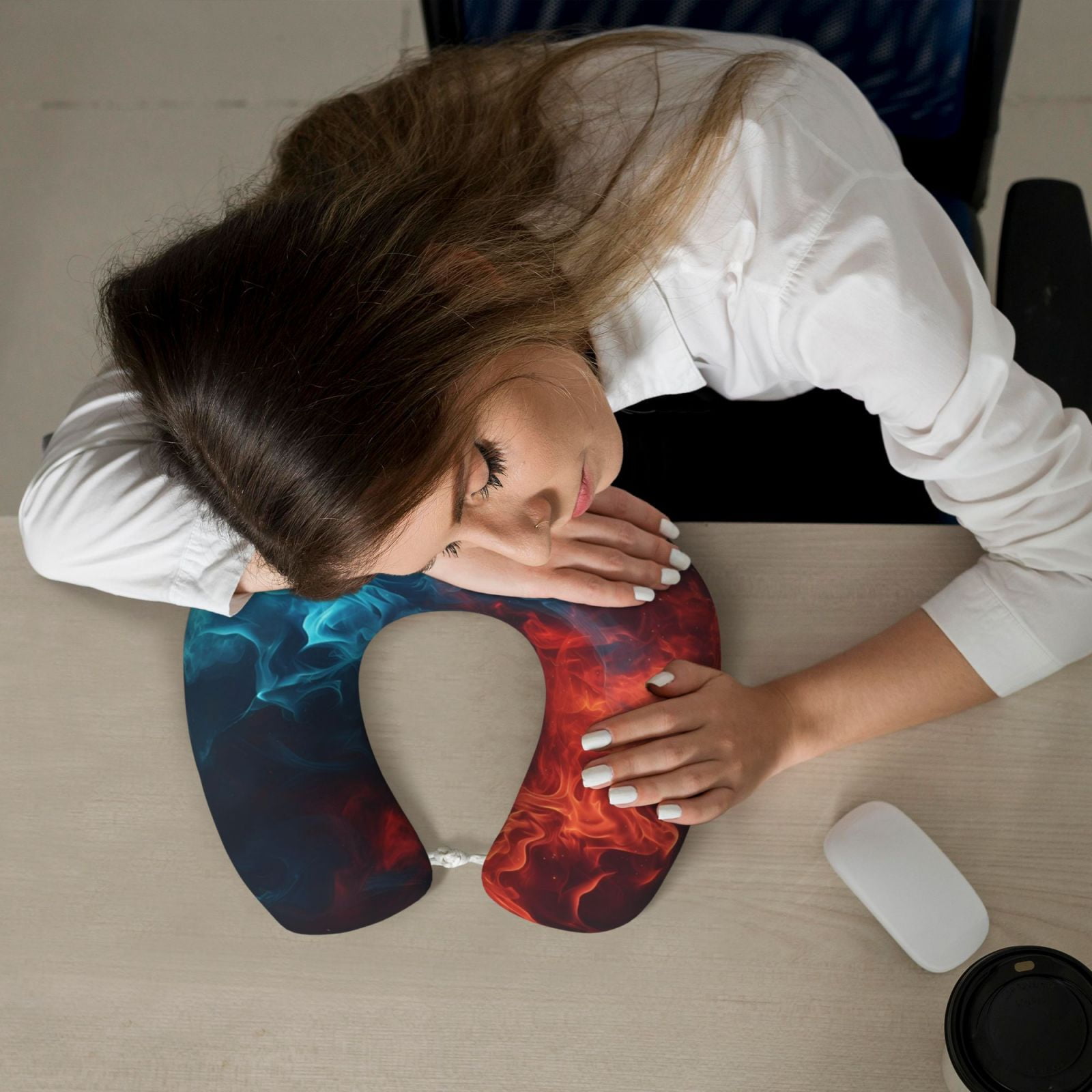 Xecao Red And Blue Fire Print Memory Foam Cervical Neck Pillow Versatile U-Shaped Pillows for Home,Office,Camping,Travelling,Soft Washable Cover