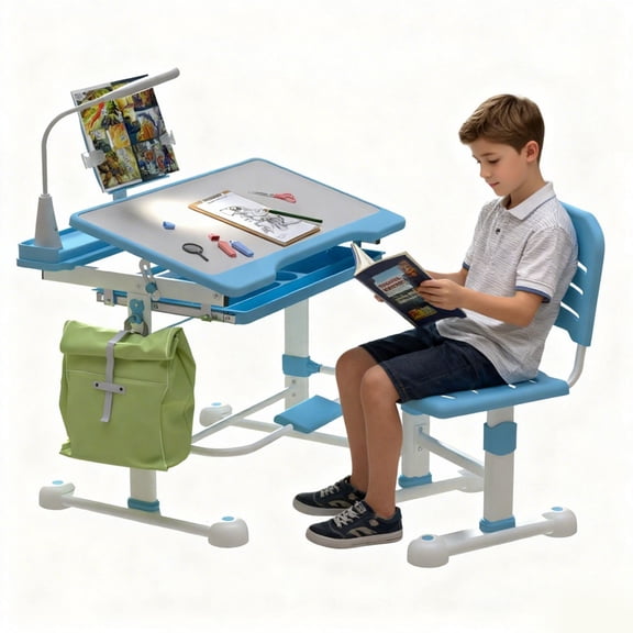 Height Adjustable Writing Tables, Desk and Chair Set, Desk with Tilt Desktop & Writing Board & Pen Slot & 3 Mode LED Light & Storage Drawer & Hook & Book Stand with Desktop for Boys and Girls(Blue)