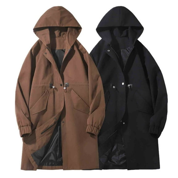 QIUOMBBP Men's Long Pea Coat Oversized Zipper Button Down Trench Coats Winter Mid Length Warm Hooded Overcoat with Pockets Coffee L