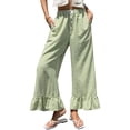 thumbnail image 3 of Women’s Plaid Wide Leg Pants Flared Leg Baggy Drawstring Ruffle Palazzo Pants with Pockets Summer Elastic Waisted Slacks Green M, 3 of 6