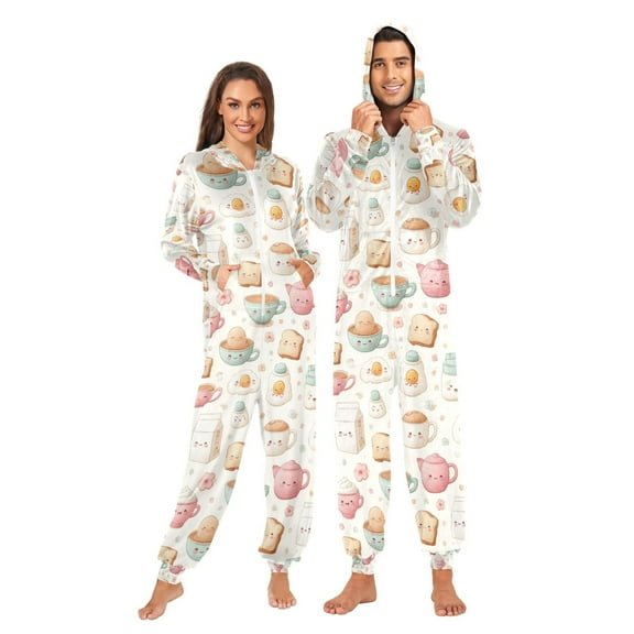 Adult Christmas Onesie Tea Cup Bread Slice Egg Adult Zipper One-Piece Pajamas Unisex Pajamas with Pockets