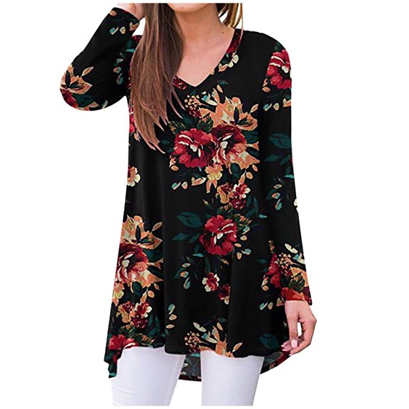 asdoklhq Blouses for Women Clearance $5,Women Summer Plus Size Casual V-Neck Loose Printed Long Sleeve Tops Women Blouse