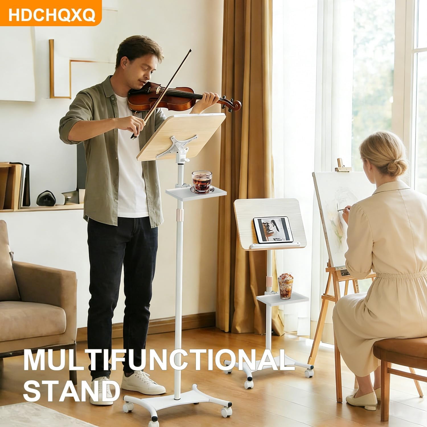 Floor/Desktop Standing Book Stand,Solid Wood, Music Stand for Sheet Music with Tray, 4 Lockable Casters, Reading Stand with Page Clips, Height from 20-51in, for Laptops, Bible/Cookbook