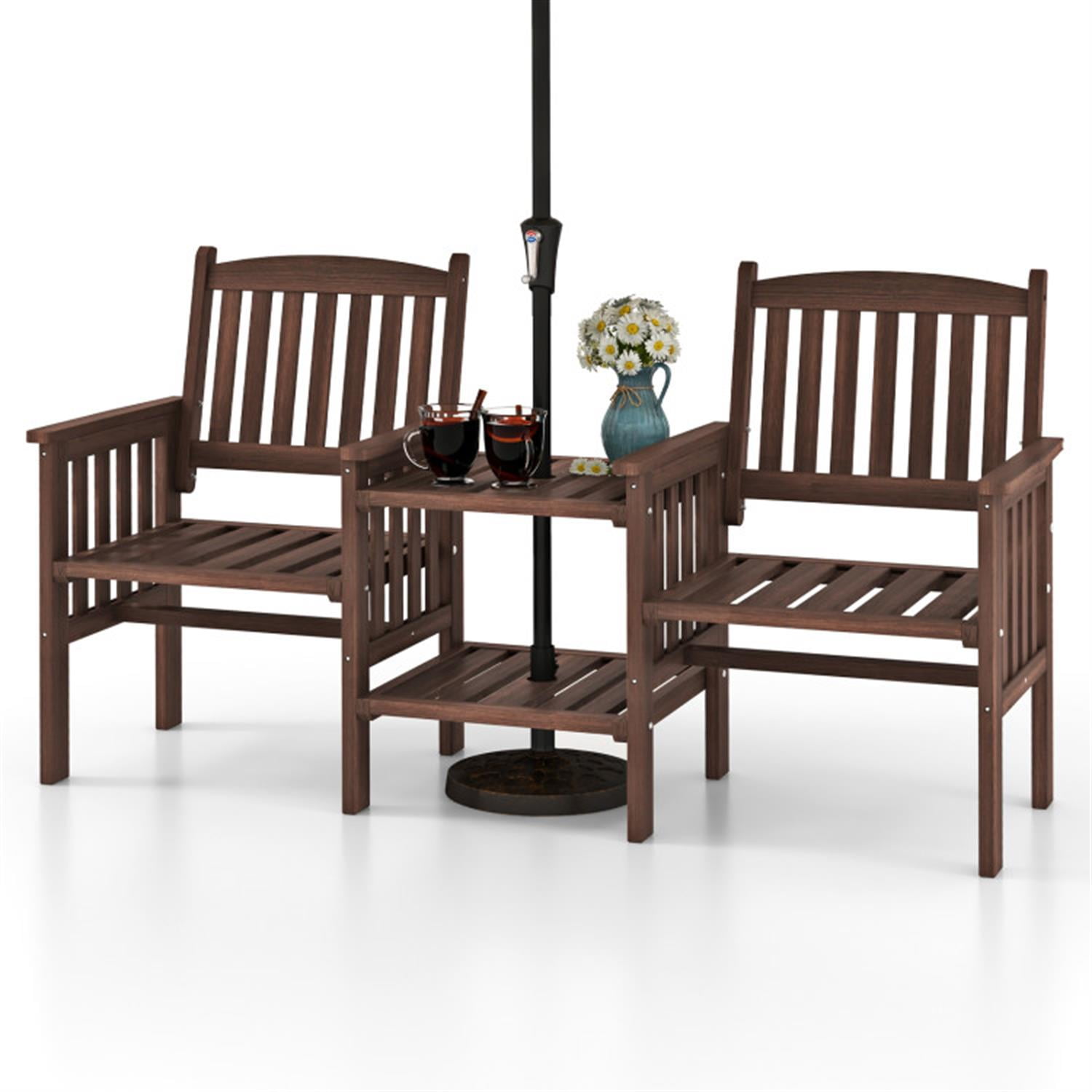Demi Bonn Outdoor Fir Wood Loveseat with 2-Tier Side Table and 1.96" Umbrella Hole, Conversation Chairs for Garden Poolside Balcony, Brown