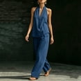 thumbnail image 3 of Uootdi Linen Sets for Women 2 Piece Asymmetrical Neck Sleeveless Blouse Tailored Palazzo Pants Chic Evening Matching Outfits, 3 of 7