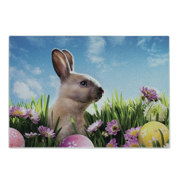 Easter Cutting Board, Blossoming Flowers with Colorful Painted Eggs and Fluffy Bunny Nature Photography, Decorative Tempered Glass Cutting and Serving Board, Small Size, Multicolor, by Ambesonne