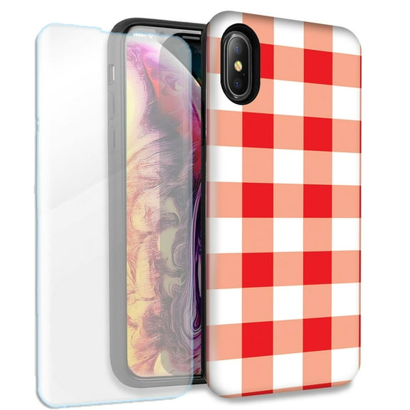 Mundaze Red White Plaid Double Layer Case w/Glass Screen Protector For Apple iPhone XS Max