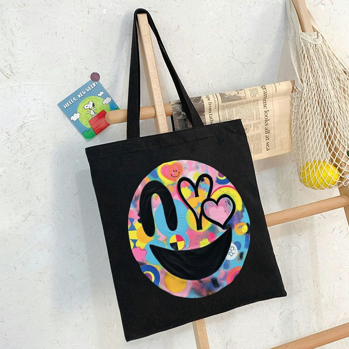 GOSMITH Canvas Tote Bag for Women Peace Love Happiness Rainbow Tie