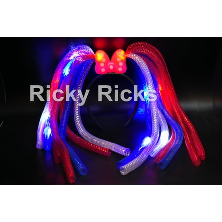 (Set of 12) 4th of July Flashing Headbands Light Up Bows Crazy Noodle Hair Party Rave Wear Costume Flashing Favors