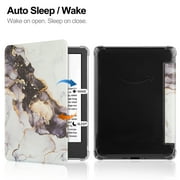 PU Leather + Clear Soft TPU Back Case for Amazon Kindle 11th Generation 2022 / Kindle 6 Inch 2024 E-Reader, with Magnetic Closure Auto-Wake/Sleep Folio Flip Cover, White Marble