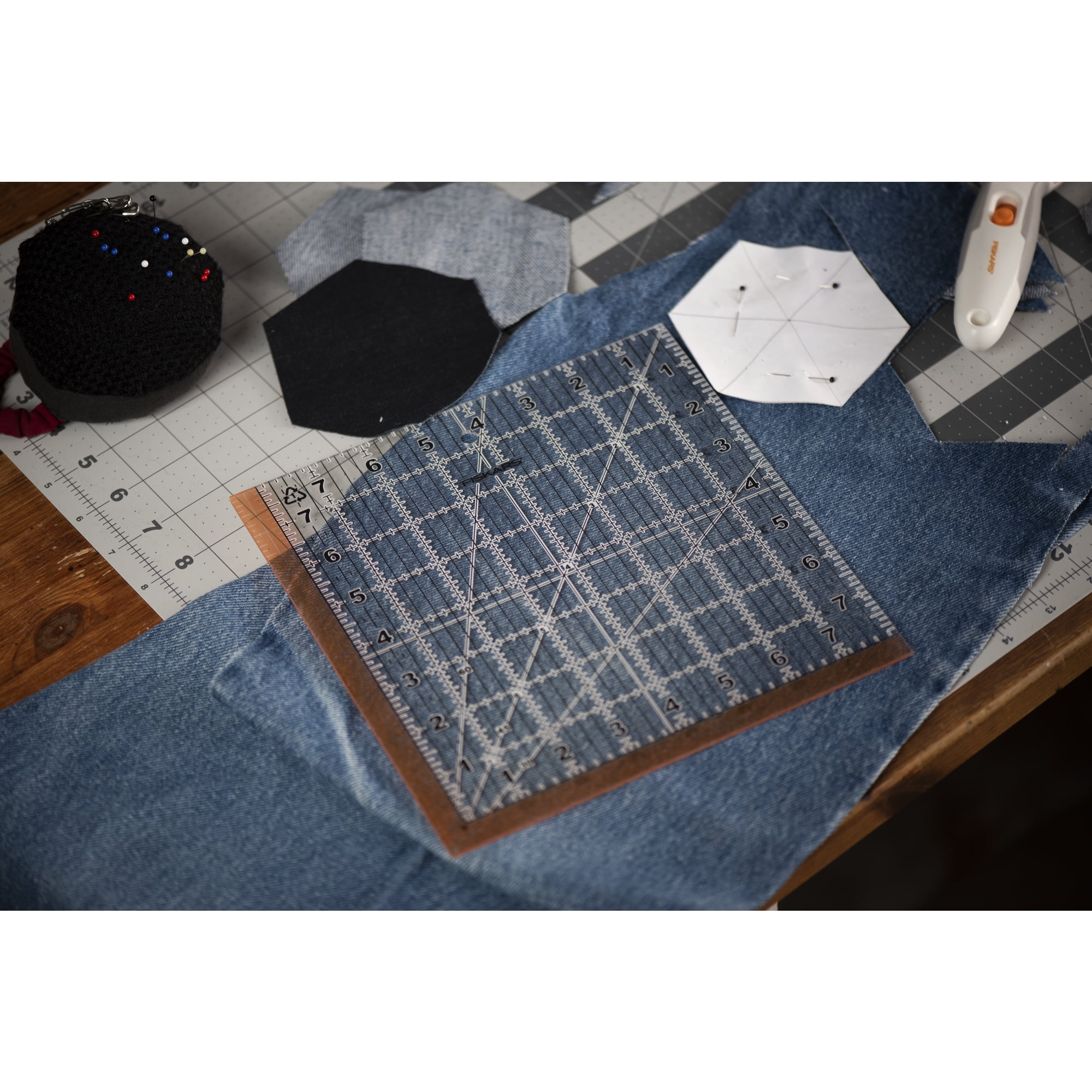 Fiskars 8.5in x 8.5in Square Sewing Ruler, Measuring Tool, Durable 3mm thick clear acrylic, Center 45-degree bias line