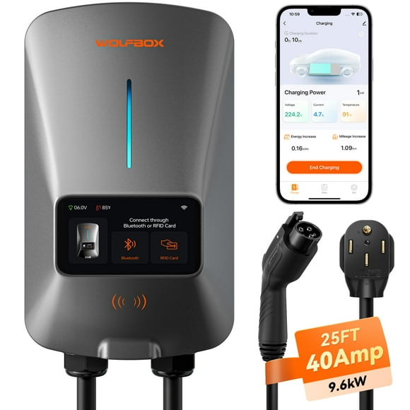 Cargador eléctrico WOLFBOX Level 2, 40 A, cable RFID con pantalla inteligente de 7,6 m
