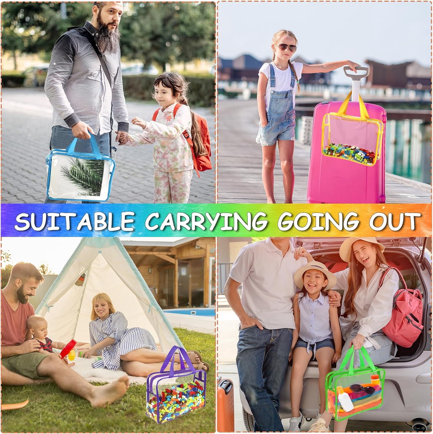 Januofit Auckpure 6 Pcs Large Toy Storage Bags with Labels, Reusable Clear PVC Board Game Storage, Travel Waterproof Organizer Bags with Zipper for Building Blocks, Puzzle, Kids Books（6 Colors）