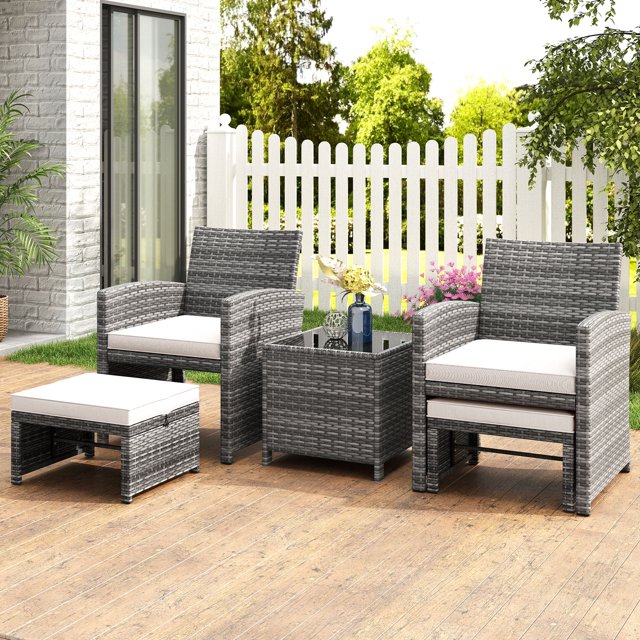 Costway 5 Pieces Patio Furniture Set PE Wicker Outdoor Lounge Chairs with 2 Ottomans White