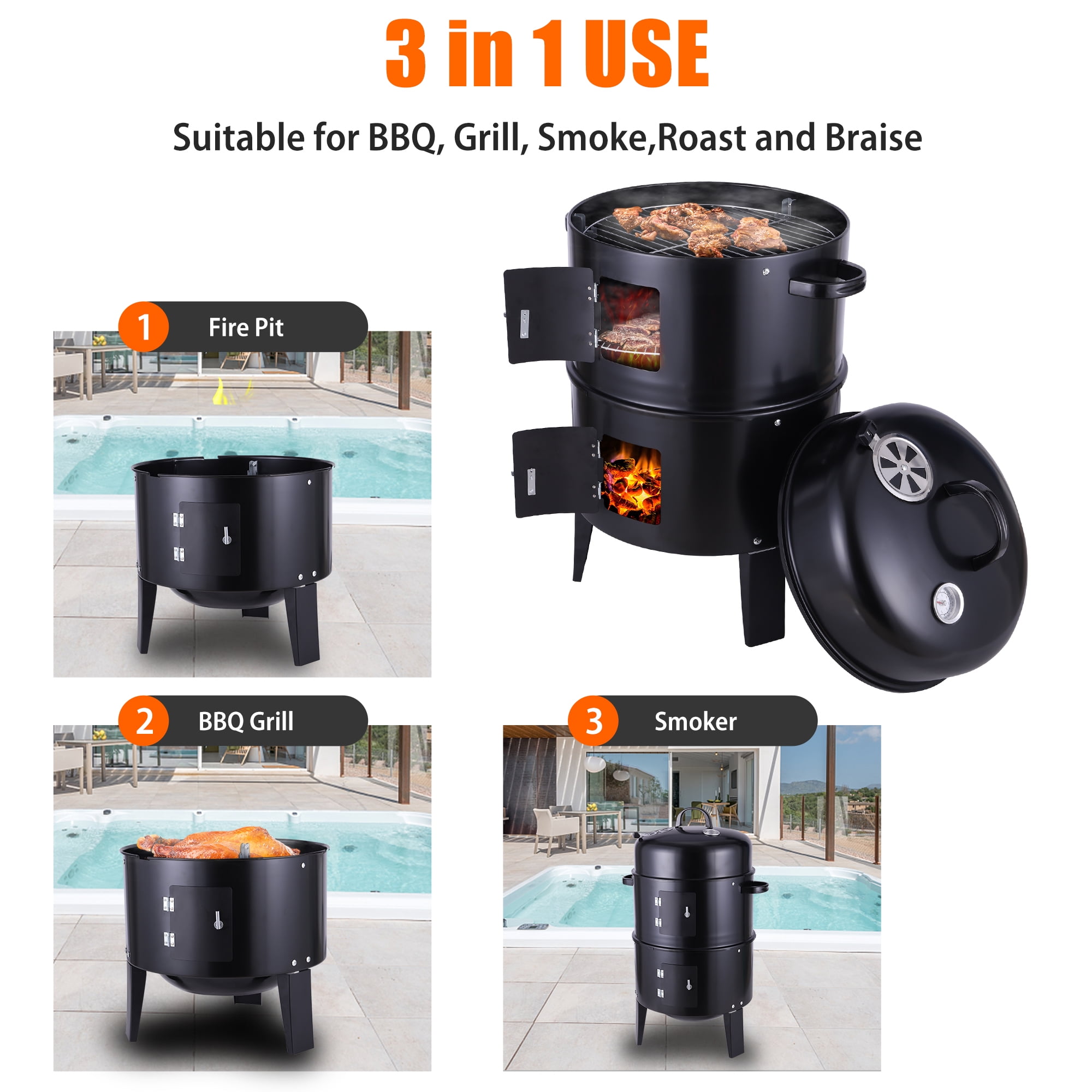 Smoker Side Fire Box Portable Charcoal Grill, Black