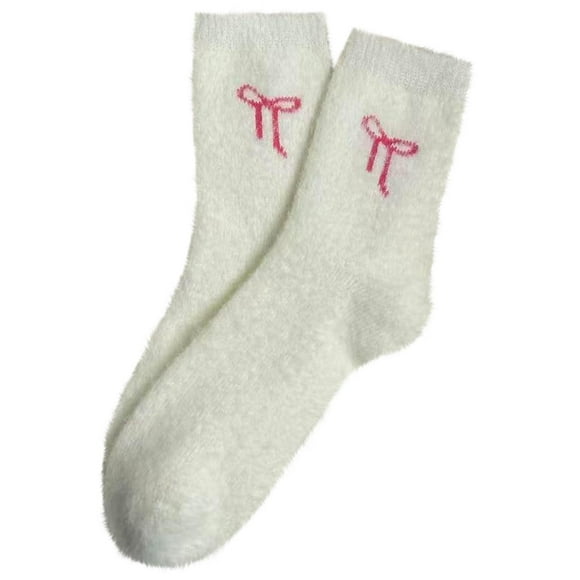 Beige Women'S Socks Bow Decor Faux Mink Fabric Cozy Warm Thick Soft Breathable Comfortable Fit Winter Home Wear Sleep Footwear Accessory Daily Use Free Size