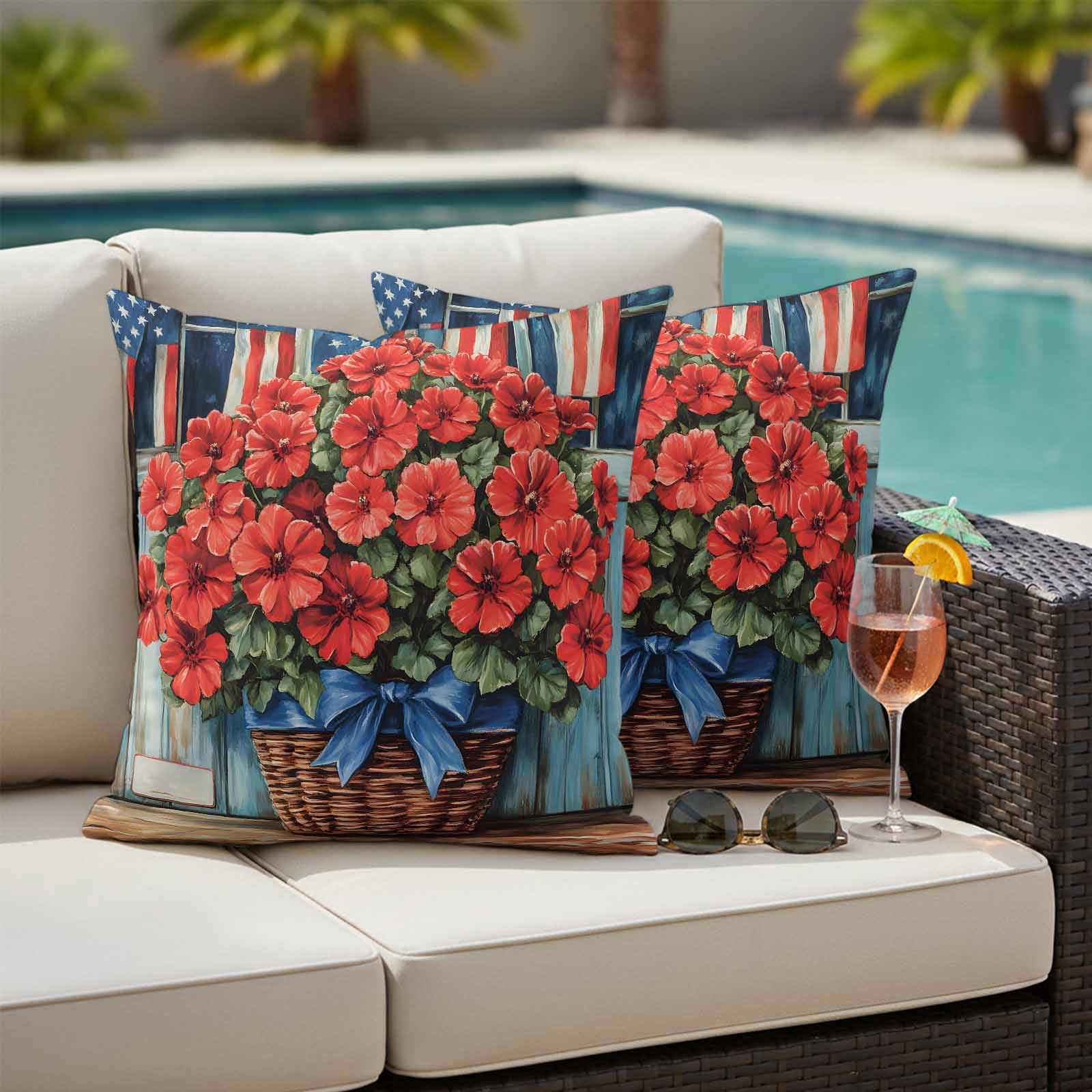 Begonia Flower Pillow Covers 2 Pack American Flag Retro Pillowcase Waterproof Outdoor Throw Pillow Cover for Patio Garden Square Cushion 26”x26”