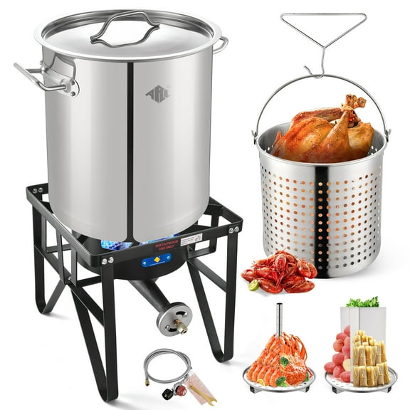 40QT Stock pot Seafood Boil Pot and Propane Stove with 200,000BTU, Stainless Steel Crawfish Boil Pot with Basket and Steamer Rack, Burner for Outdoors Cooking and Steaming