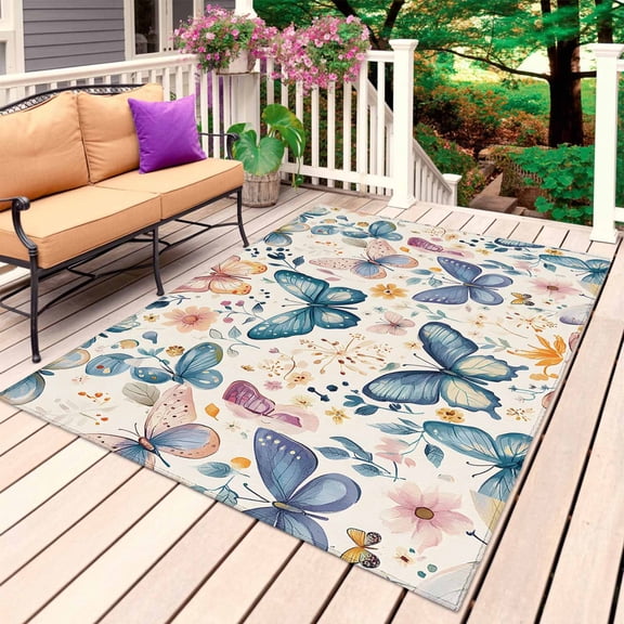 Blue Teal Butterfly Outdoor Rug for Patio/Deck/Porch, Non-Slip Large Area Rug 6 x 9 Ft, Colorful Spring Summer Butterfly Indoor Outdoor Rugs Washable Area Rugs, Reversible Camping Rug Carpet Runner