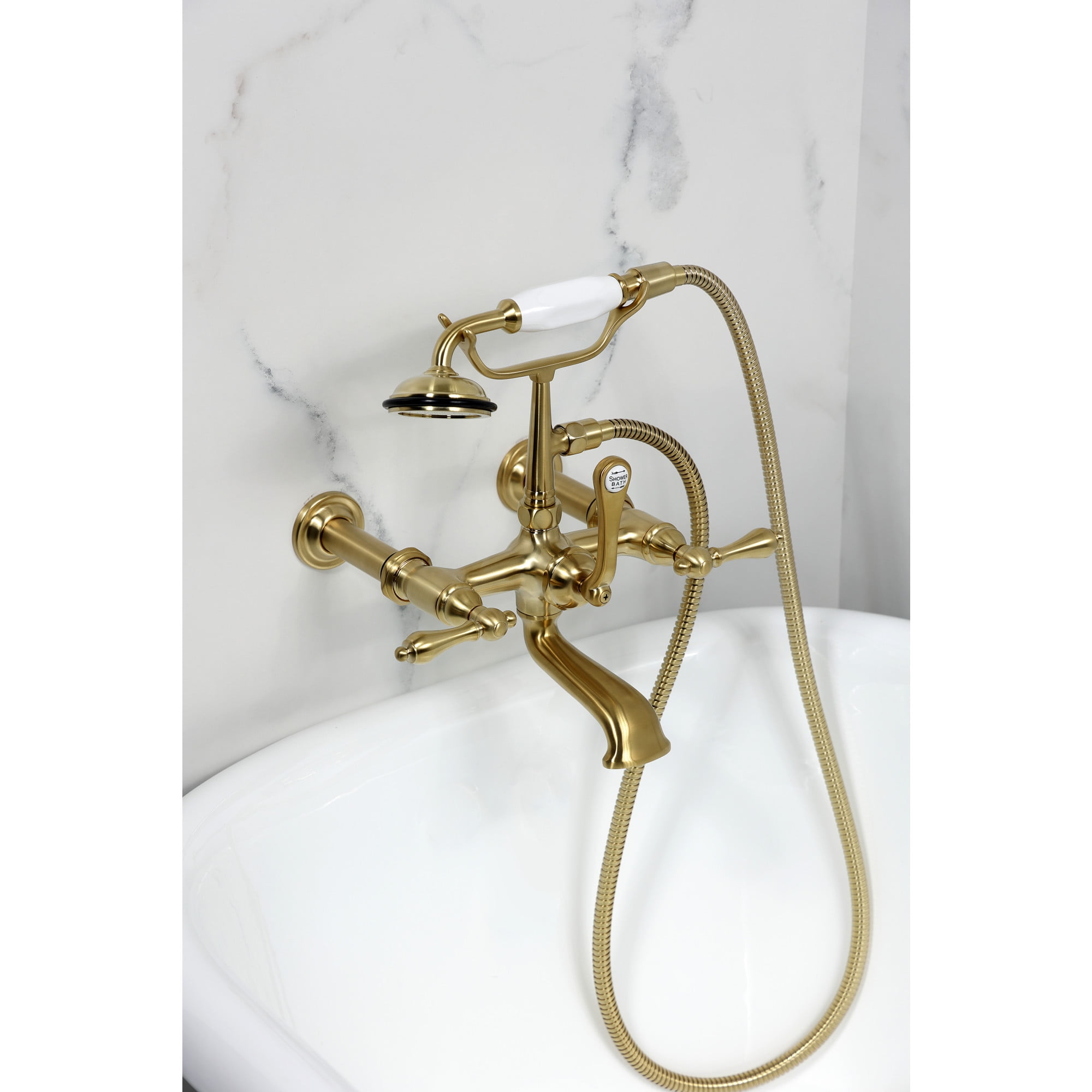 Kingston Brass CC541T7 Vintage 7-Inch Wall Mount Tub Faucet with Hand Shower, Brushed Brass